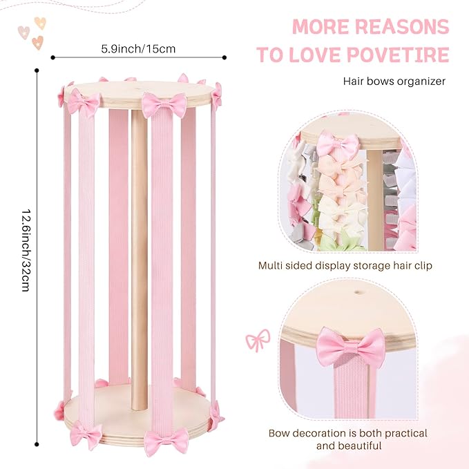 POVETIRE Hair Bow Holder for Girls,Pink Hair Clip Organizer,360 Rotation Hairbow Organizers Rack Display Decors Baby Nursery Toddler Girls Room