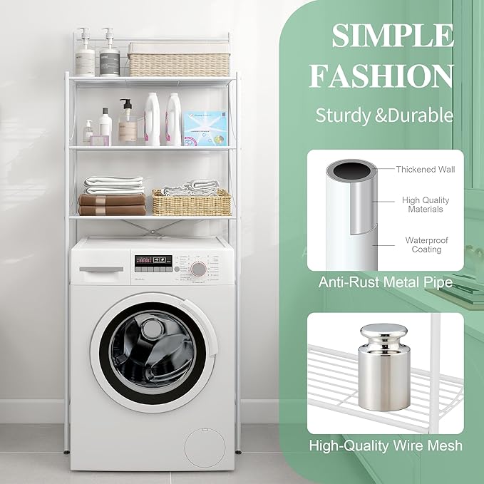 MallBoo Over The Toilet Storage Rack, 3-Tier Metal Bathroom Organizer Shelf with Hooks & Paper Holder, Freestanding Above Toilet Storage for Small Spaces, Apartments, Laundry Room(White)