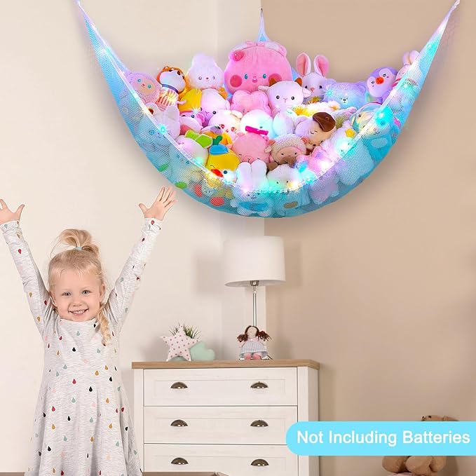 Unicorn Castle Stuffed Animals Net or Hammock Kids Toy Storage Organizer with LED Light Hanging Corner Stuffed Animals Holder Kids Girls Room Decor,Blue,XLarge (Pack of 1)