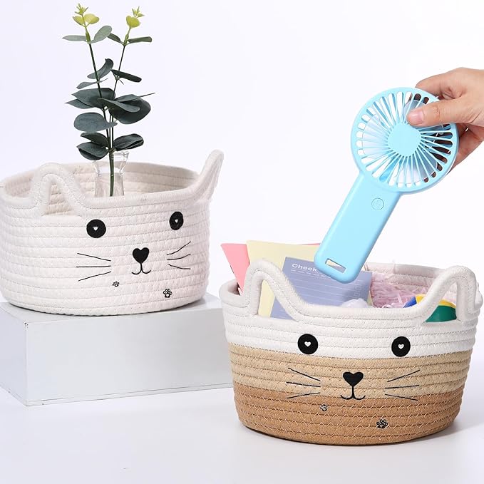 Zopeal Cat Basket Storage Woven Organizer with Ears Christmas Decorative Pet Toy Cute Cotton Rope Basket for Gift Cat Dog Toy Bin Nursery Room(8.3 x 4.7 Inch,White Khaki Brown)