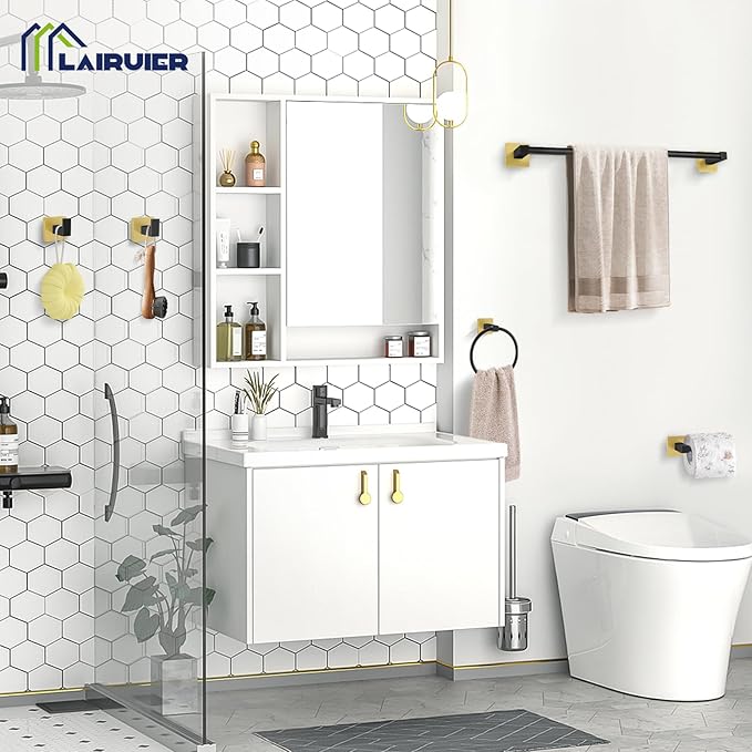 5-Piece Bathroom Hardware Set Black Gold Bathroom Hardware Accessories Set Upgraded Toilet Paper Holder with Shelf Towel Holder Set for Bathroom Stainless Steel Wall Mounted