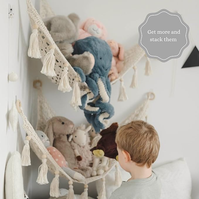 Macrame Toy Hammock for Stuffed Animals - Plush Toy Hammock, Grey Nursery Decor, Hanging Stuffed Animal Organizer, Pebble Grey