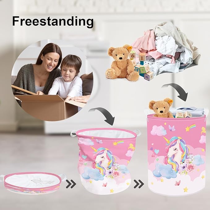 Clastyle 63L Unicorn Rainbow Collapsible Laundry Basket Large Pink Dirty Clothes Hamper for Girl Moon Star Flower Toy Storage Basket with Lid, 15.7x19.7 in