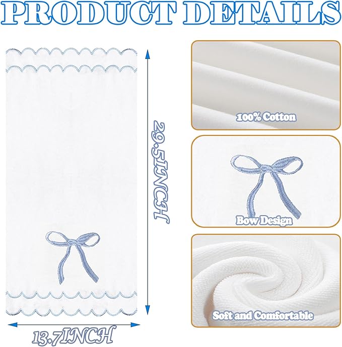 2 Pcs Coquette Bow Hand Towels 15.75 x 27.56 Inch Scalloped Embroidered Dish Towel 100% Cotton Cute Preppy Decorative Bath Hand Towel for Kitchen Bathroom (Blue)