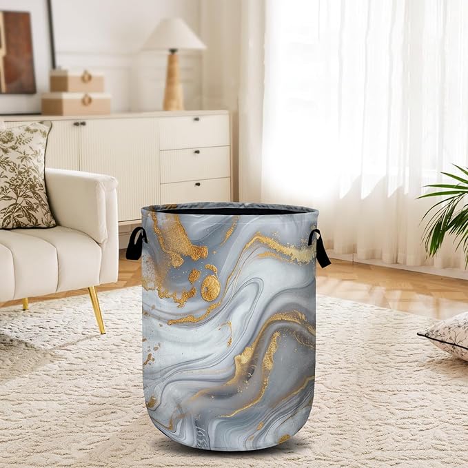 White Gold Marble Laundry Basket, Laundry Hamper Collapsible Oxford Cloth with Handle Clothes Toy Storage Bin for Bathroom Laundry Room Bedroom 15.7 X 20 Inch