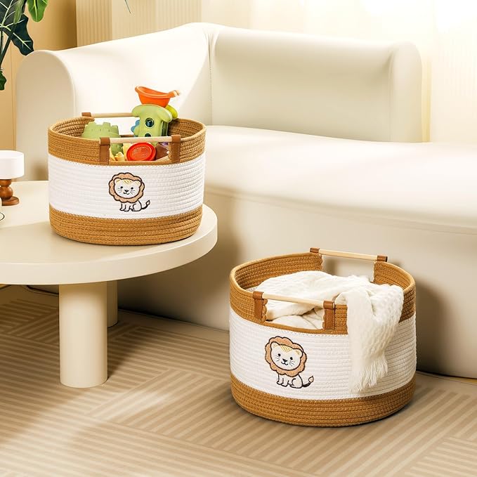 Cotton Rope Baskets for Kids Stuffed Toys Storage for Babies and Toddlers Nursery, Baby Baskets for Gifts Empty, Woven Basket with Wooden Handles Blanket Towel Toy 0rganizer Boys Room Storage Bins