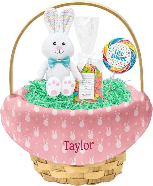 Let's Make Memories Personalized Easter Basket for Kids - For Boys - For Girls - Create Your Own - Fillable - Wicker - Easter Basket Stuffers - Large - Pink Bunny Faces