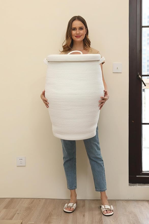 26" x 20" Handcrafted Tall Cotton Rope Basket with Lid, Stylish Flagon Shape with Cover, Clothes Hamper with Top, for Bedroom and Living Room, All White