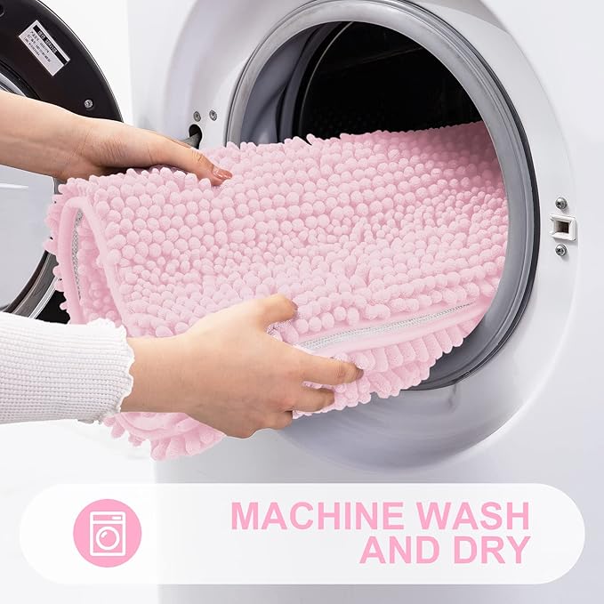 Grandaily Chenille Striped Bathroom Rugs 59x20, Extra Thick and Absorbent Bath Mats, Non-Slip Soft Plush Shaggy Shower Carpet, Machine Wash Dry, Bath Rug for Bathroom, Pink