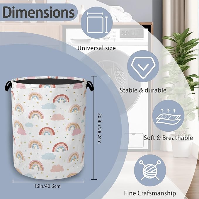 Rainbow Laundry Hamper,Stars Dirty Clothes Laundry Basket with Handles Waterproof Oxford Cloth Storage Basket for College Dorms Bathroom Bedroom 16" x 20.8"