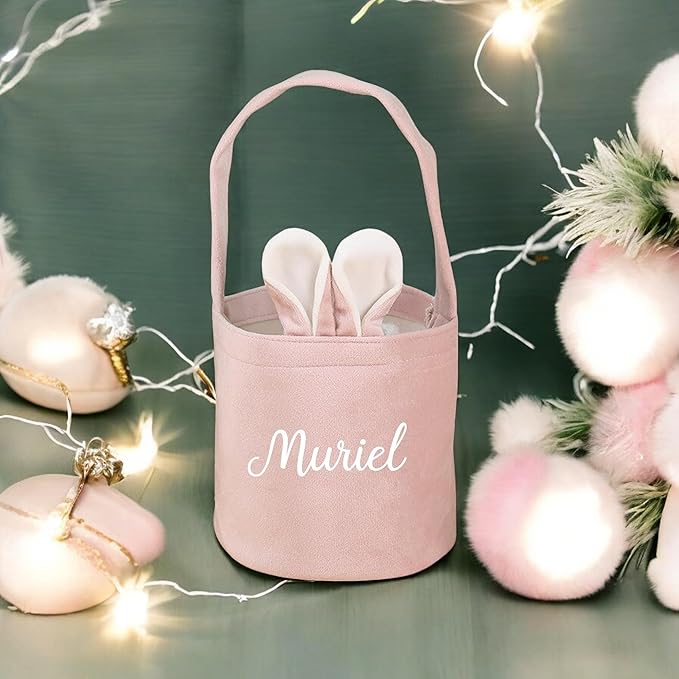 Custom Name Easter Tote Basket Cute Solid Colour Bunny Ears Basket Personalised Easter Bunny Bucket