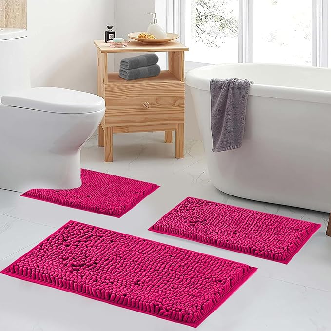 Hot Pink Chenille Striped Bath Rug Set - 20" x 32"/16" x 24" Non Slip Thick Soft Bath Mats for Bathroom, Kitchen/Living Room