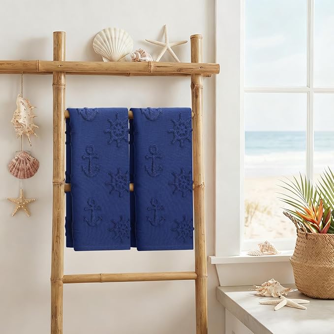 2 Pcs Coastal Hand Towels for Bathroom 100% Cotton Nautical Anchor Wheel Navy Blue Jacquard Weave Towels Absorbent Soft Dish Washcloth for Bathroom Kitchen Summer Theme Gifts, 29.5 x 13.8 Inch