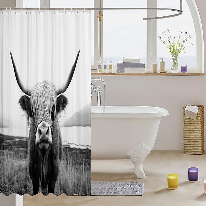 Highland Cow Shower Curtain Farmhouse Animal Milk Bath Curtain Funny Cute Cow Bathtub Shower Curtain Wildlife Shower Stall Curtain with Hooks Gray White Bathroom Sets Accessories 72" W x 84" L