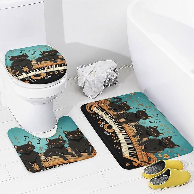 4-piece Bathroom Set with Waterproof Shower Curtain, Non-slip Absorbent Rug,Four Black Cats Lying on The Piano Keyboardprinting And Toilet Seat Cover - Bathroom Accessories And Decor for Modern Homes,
