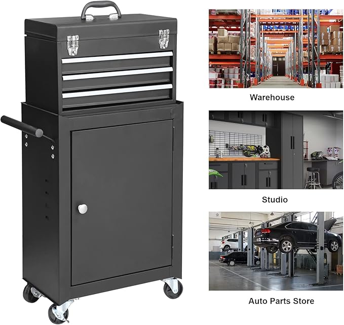 GSTANDARD APTB202B Torin Rolling Garage Tool Cabinet: Detachable 3 Drawer Tool Chest with Large Storage Cabinet and Adjustable Shelf, Black