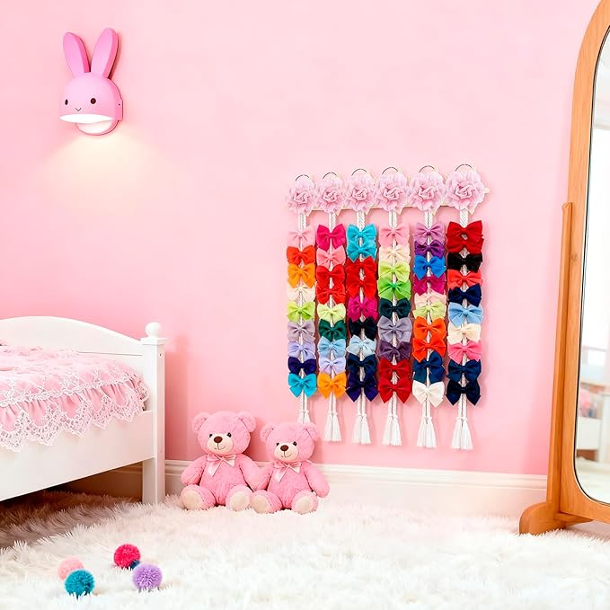 cherrboll Flower Hair Bow Organizer for Baby Girls, 6PCS Floral Hair Clips Holder Headband Hair Accessories Wall Hanging Organizers Storage for Toddler Room Nursery Decor