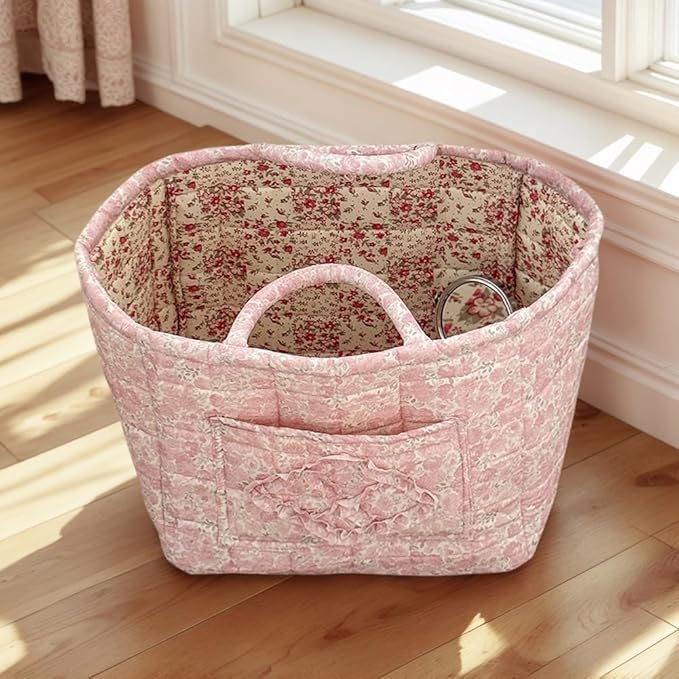 JQWYGB Foldable Laundry Basket Boho Bear Storage Basket Floral Quilted Fabric Car Storage Basket Handles Large Laundry Baskets for Clothes and Dolls