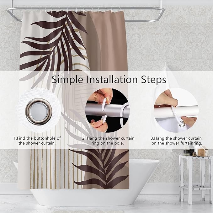 Abstract Mid Century Boho Bathroom Shower Curtain Eucalyptus Leaves Brown and Beige Sun Shower Curtain with Hooks, 36x72 Inch Waterproof Fabric Polyester