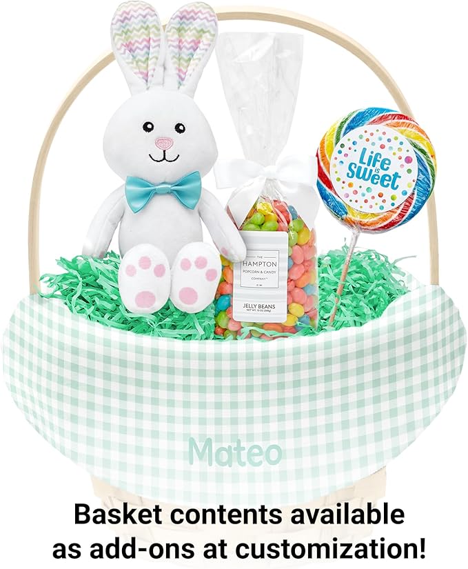 Let's Make Memories Personalized Easter Basket for Kids- For Boys - For Girls - Create Your Own - Fillable - Wicker - Easter Basket Stuffers - Small - Green Spring Gingham
