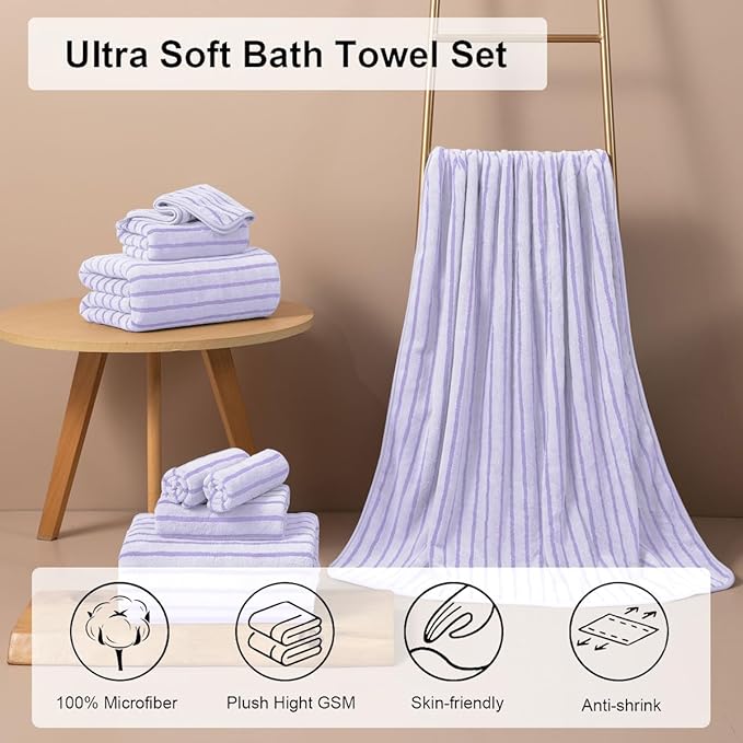 4 Pcs Light Purple Cabana Stripe Large Bath Towels 35"x70" Oversized Bath Sheet Soft Breathable Jumbo Bathroom Towels Highly Absorbent Shower Towel Quick Dry Beach Chair Towel Spa Gym Hotel Towel Set