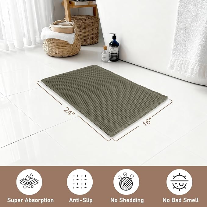 Hiasan Waffle Bath Mat, Super Absorbent Non Slip Bathroom Boho Rug with Tassels, Machine Washable Bath Mats for Bathroom, Ultra Soft Rubber Backed Rug, Grayish Green, 16 x 24 Inches
