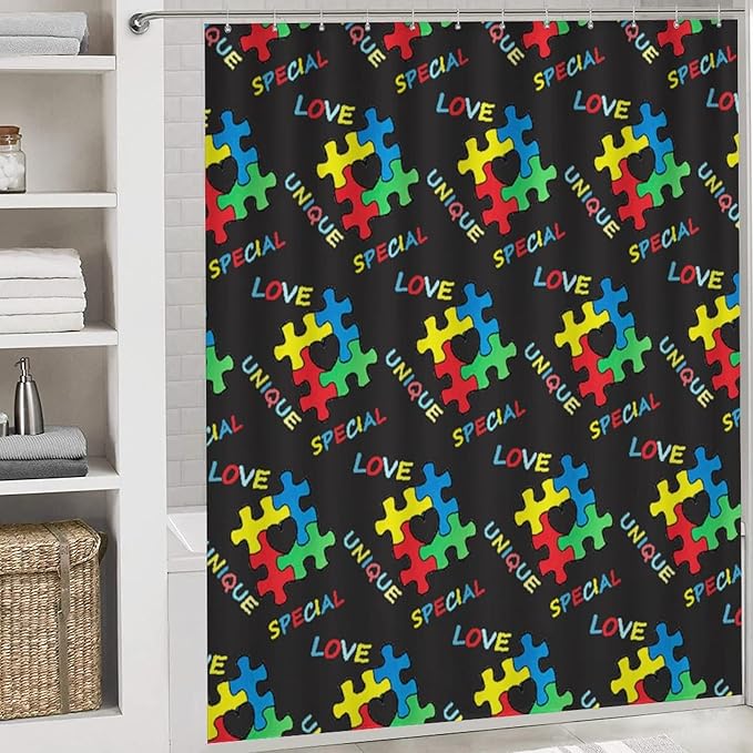 4 Pc Colorful Autism Awareness Puzzle Pieces Heart Black Art Shower Curtains + Bath Mats Set, Water Repellent Window Curtain Super Absorbent Toilet Floor Rug