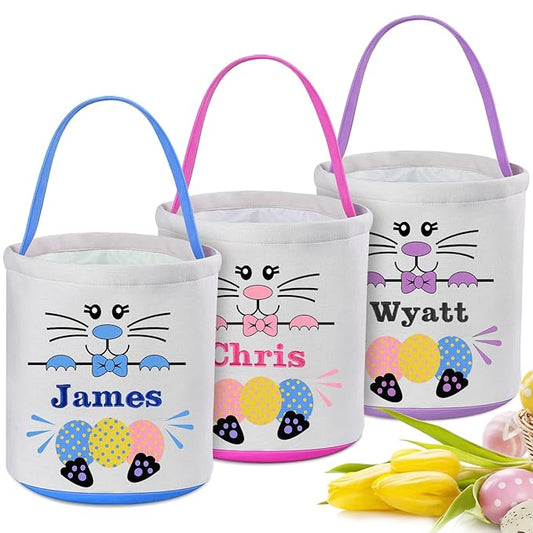 3 Pcs Personalized Easter Baskets for Kids, Boys Girls Easter Bunny Basket, Canvas Material, Blue, Pink, Purple