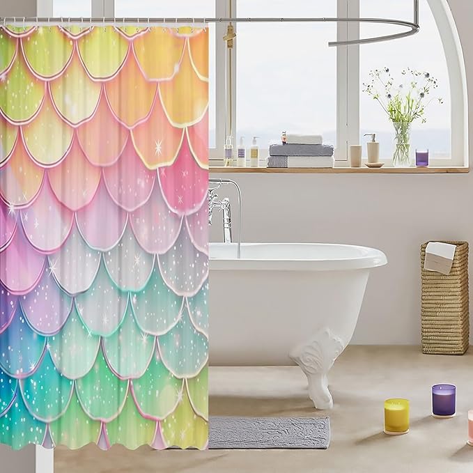3D Mermaid Scales Shower Curtain Fish Scale Mermaid Curtain,Geometric Tail Gold Purple Pink Blue Ocean Theme Dream Fantasy Bathroom Curtains Decor Polyester Fabric Quick Drying 72X84 Inches with Hooks