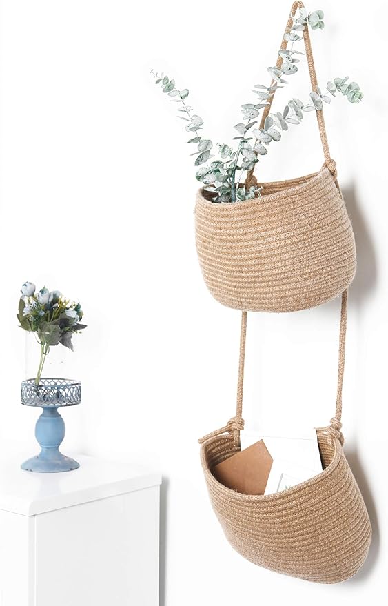 Over The Door Hanging Basket, 2 Tier Cotton Rope Woven Wall Basket, Magazine Racks Hanging Organizer, Decorative Hanging Storage Baskets for Organizing Living Room, Bathroom and Bedroom (Jute)