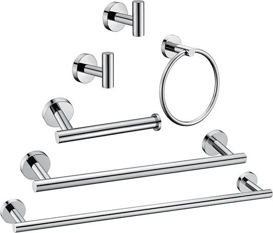 6 Pieces Polished Chrome Bathroom Hardware Accessories Set Hand Towel Ring 16&23.6 inch Round Towel Bar Toilet Paper Holder Towel Hooks 2 Pieces SUS 304 Stainless Steel,Heavy Duty,Wall Mounted