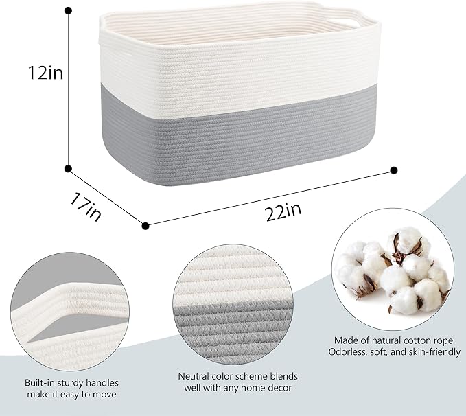 Extra Large Laundry Basket, Rectangle Woven Cotton Rope Storage Basket with Handles, Wicker Laundry Hamper, Farmhouse Storage Bin for Blankets Clothes Toys, Grey, 22" x 17" x 12"
