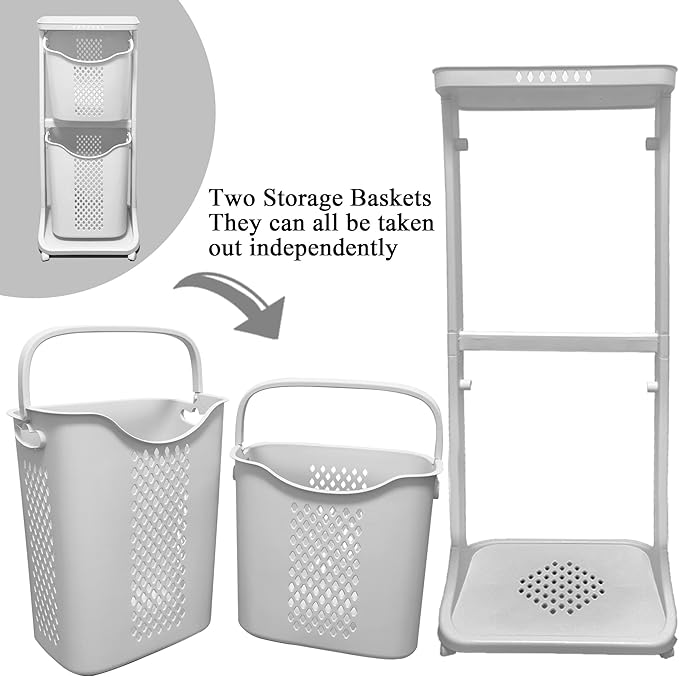 Laundry Basket with Wheels Plastic,2 Tier,40L+32L Large Capacity,Storage Organizers for Kitchen, Bathroom, Easy Mobility Multi-Functional Hampers