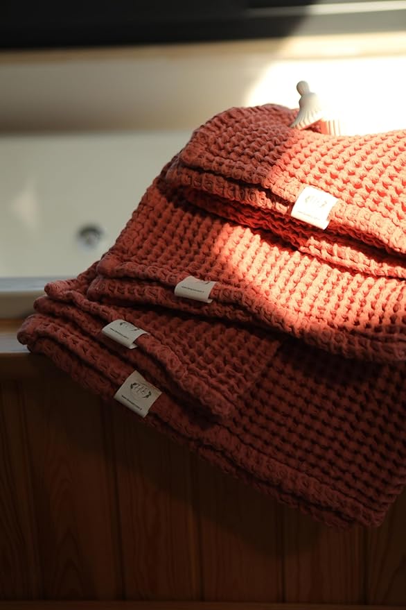 HB&Victory Luxury Muslin Waffle Towel Set for Bathroom – 4 Pieces Rust, Premium 100% Organic Turkish Cotton, 4 Size Pack, Quick-Dry Soft Absorbent Waffle Weave Towels for Home, Spa & Travel