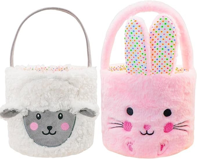 DearSun 2 Pcs Easter Basket Bunny & Lamb Plush Baskets, Easter Egg Hunting Basket for Kids Gifts Party Decoration Supplies, Dia 8" * H 15.7"(Pink Bunny & Sheep)