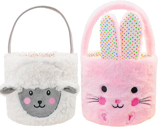 DearSun 2 Pcs Easter Basket Bunny & Lamb Plush Baskets, Easter Egg Hunting Basket for Kids Gifts Party Decoration Supplies, Dia 8" * H 15.7"(Pink Bunny & Sheep)