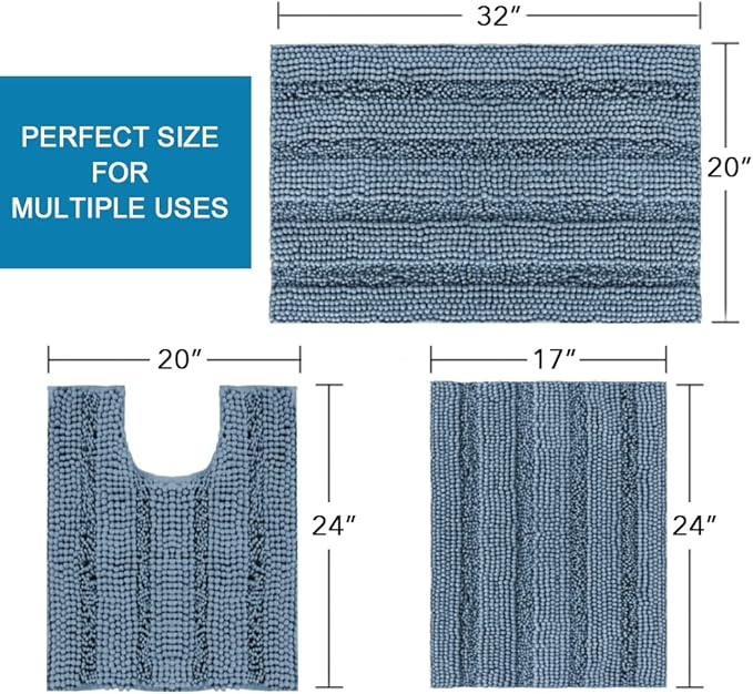 H.VERSAILTEX 3 Piece Bathroom Rugs Sets Thick Striped Bath Rugs Set for Bathroom Non Slip Soft Absorbent Bath Mat Set for Tub, Shower and Toilet(17''x24''+20''x32''+20''x24'' U-Shaped, Stone Blue)