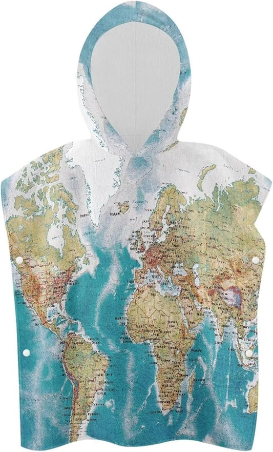 Hooded Kids Bath Towel World Map Ultra Soft Towel Highly Absorbent Bathroom Beach Swim Supplies Toddlers Shower Decorations for Boys Girls