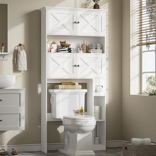 Over The Toilet Storage Cabinet, Farmhouse Storage Cabinet Over Toilet with 4 Barn Doors & Toilet Paper Holder Stand, White Toilet Shelf Home Space Saver for Restroom, Bathroom, Laundry