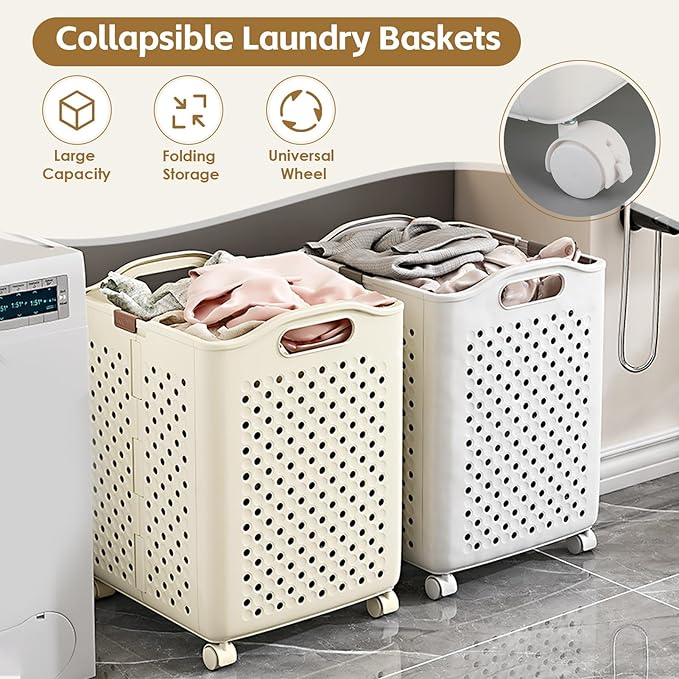 57L Collapsible Laundry Basket with Wheels, Laundry Basket Collapsible, Foldable Laundry Baskets with Handles, Dirty Clothes Hamper for Dorm, Bedroom and Bathroom (Pearl White)