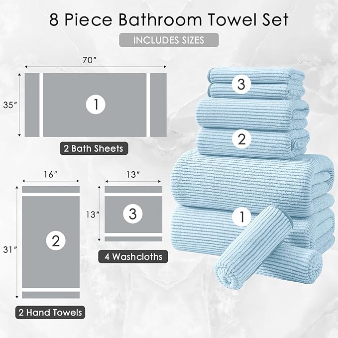 8-Piece Premium Towel Set for Bathroom|2 Oversized Large Bath Sheet,2 Hand Towels,4 Washcloths|Soft Cozy Highly Absorbent Fast Dry Microfiber Shower Towel Set for Hotel Bathroom Essentials,Blue