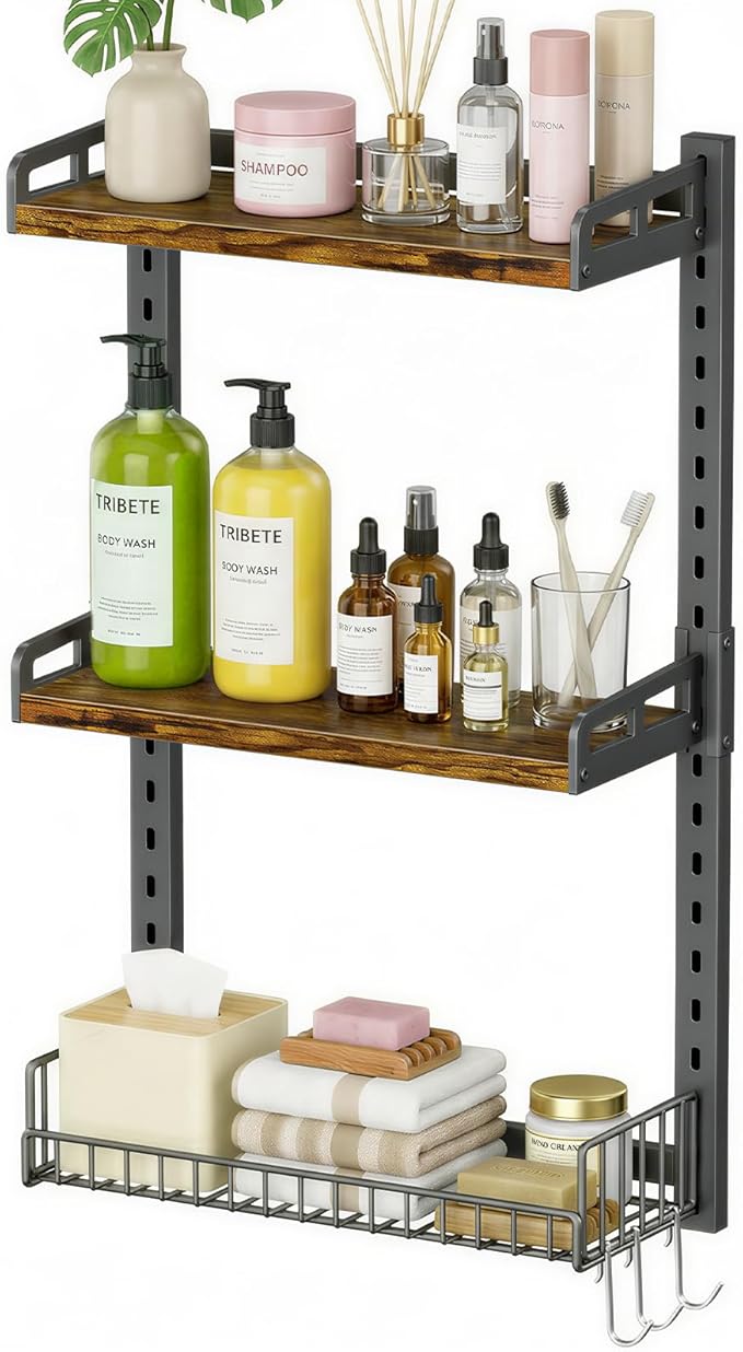 3 Tier Bathroom Shelves Over Toilet - Wall Mounted Floating Shelves with Drain Basket, Toilet Paper Storage, Height Adjustable Over The Toilet Storage, Vintage Brown