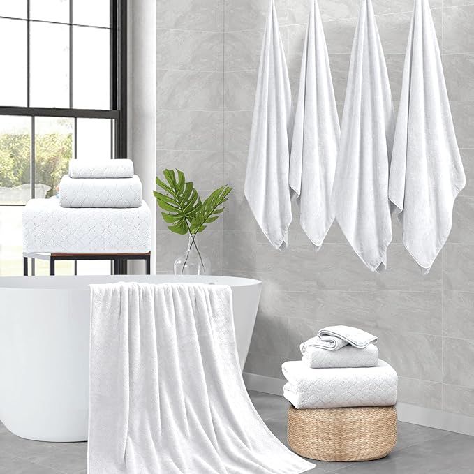 Hailea Luxury Bath Towels Set - 12 Piece (4 Large Bath Towels,4 Hand Towels,4 Washcloths), 100% Microfiber,Extra Absorbent Super Soft & Quick Dry,Complete Family Pack for Bathroom Gym Pool,White