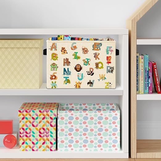 Boho Animal Alphabet Kids Storage Bins Box with Handles, Cute Animal Educational Laundry Basket Hamper Collapsible Clothes Toys Organizer for Toddler Room Nursery Playroom Bathroom