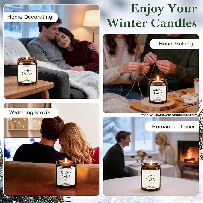 4 Pack Winter Candles - 28oz Soy Candle Set, Winter Scented Candles with Apple Cinnamon, Fir Balsam, Mulled Cider, Sandalwood – Holiday Candle Gifts for Women, Mothers, Galentines Day & Cozy Nights