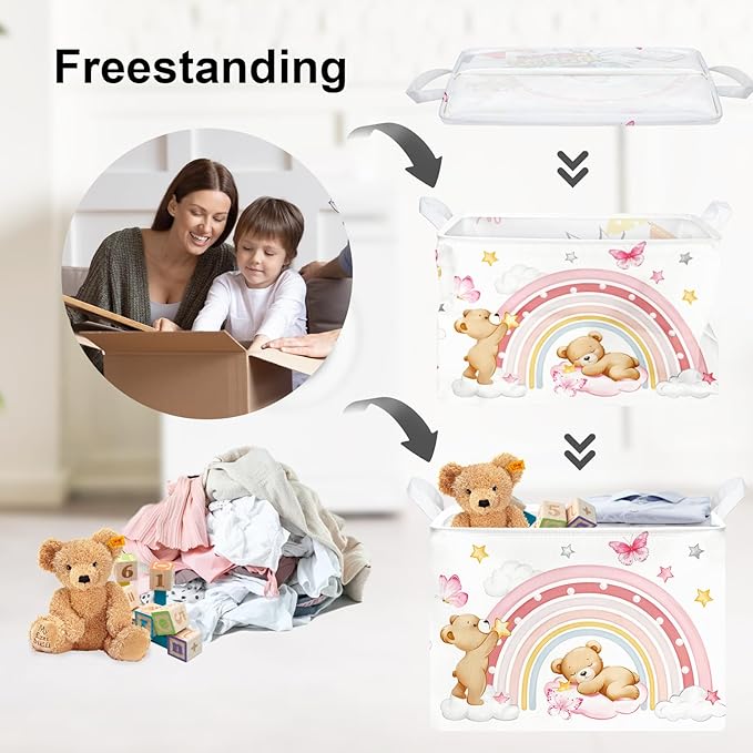 Clastyle Rainbow Baby Laundry Hamper Cloud Kid Storage Basket Women Girl Gift Toy Box Collapsible Clothes Organizer Nursery Bin for Bedroom,Bear,40 * 30 * 30 cm