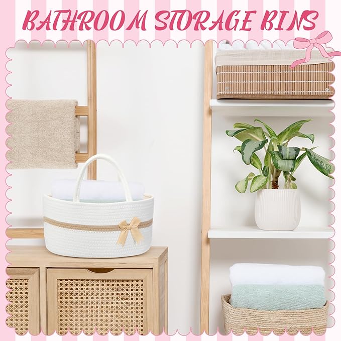 Yinkin 1 Pcs Valentine's Day Woven Large Storage Basket with Handles and Removable Divider Gift Baskets with Bow for Closet Bedroom Nursery Toys Organizing, 14.17 x 8.66 x 7.09 Inches(White and Brown)