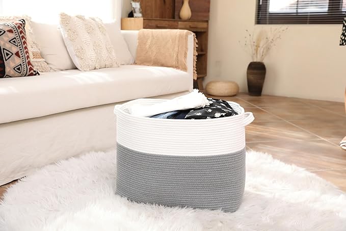 20"x12"x16" Mega Size Rectangular Extra Large Storage Basket, Rectangular Cotton Rope Storage Baskets, Woven Laundry Hamper, Cloth Storage Bin, for Clothes Blanket in Living Room, Grey Basket