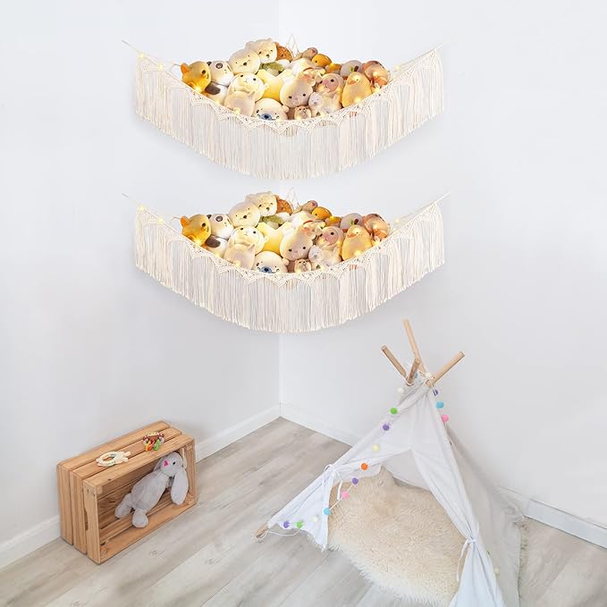 Mkono Stuffed Animal Hammock Corner Macrame Toy Storage Organizer with Tassels Boho Hanging Stuff Animals Net Large Capability Toys Display Holder for Nursery Kid Room Playroom, 2 Pieces