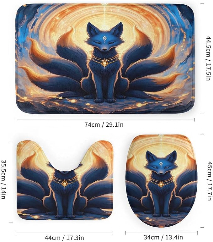 4 Piece Mythical Creature Kitsune Fox Shower Curtain + Bath Mats Set, Waterproof Contemporary Bath Room Curtains Absorbent Plush Carpet Mats